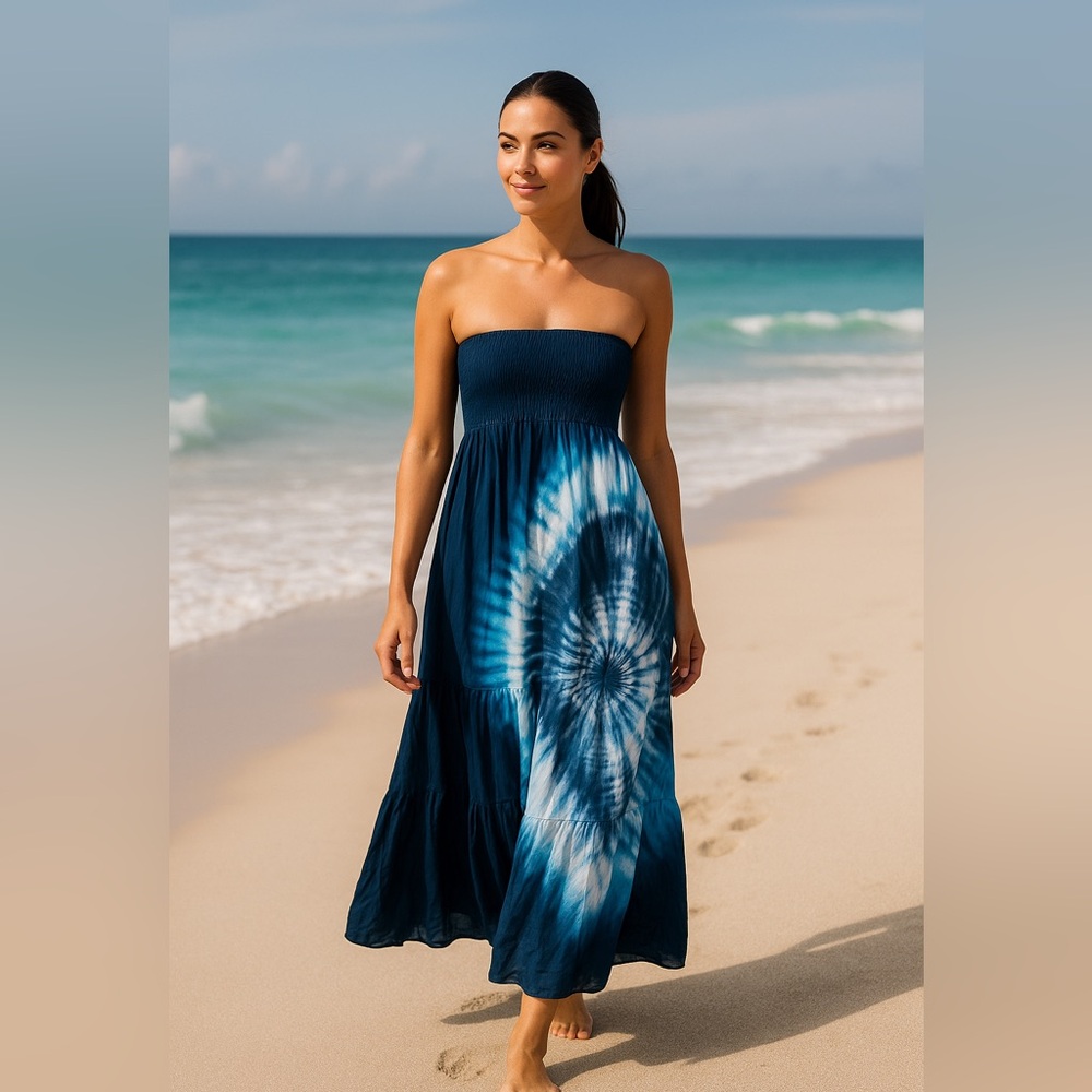 Tie Dye Strapless Smocked Tiered Cutout Back Maxi Dress Boho Summer Resort Small